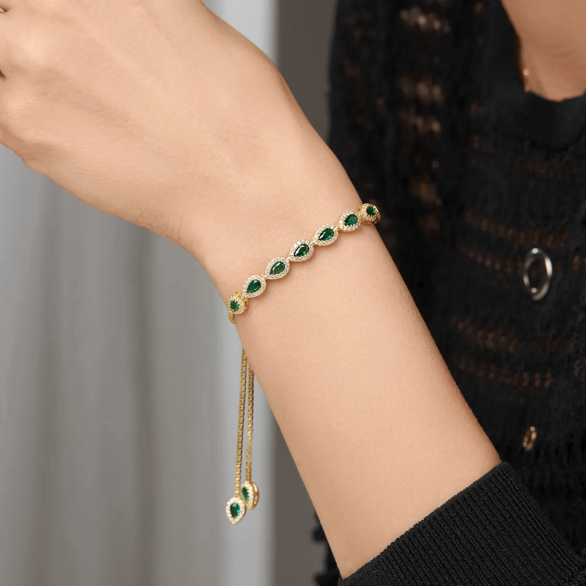 Green Zircon Cluster Teardrop Bracelet Slider Adjustable