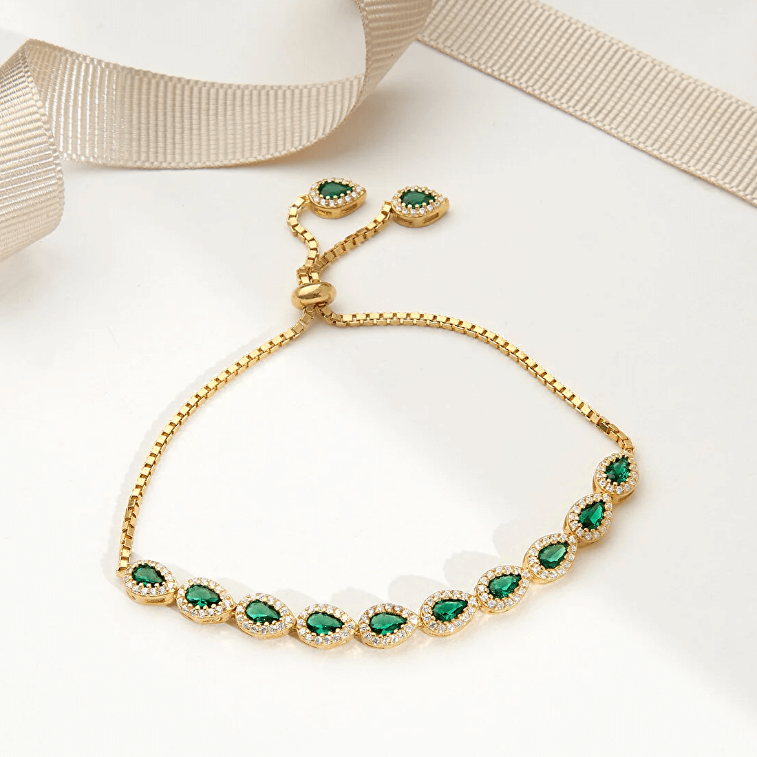 Green Zircon Cluster Teardrop Bracelet Slider Adjustable