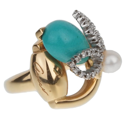 Guthtcci Diamond Horsebit Turquoise Pearl Yellow Gold Ring