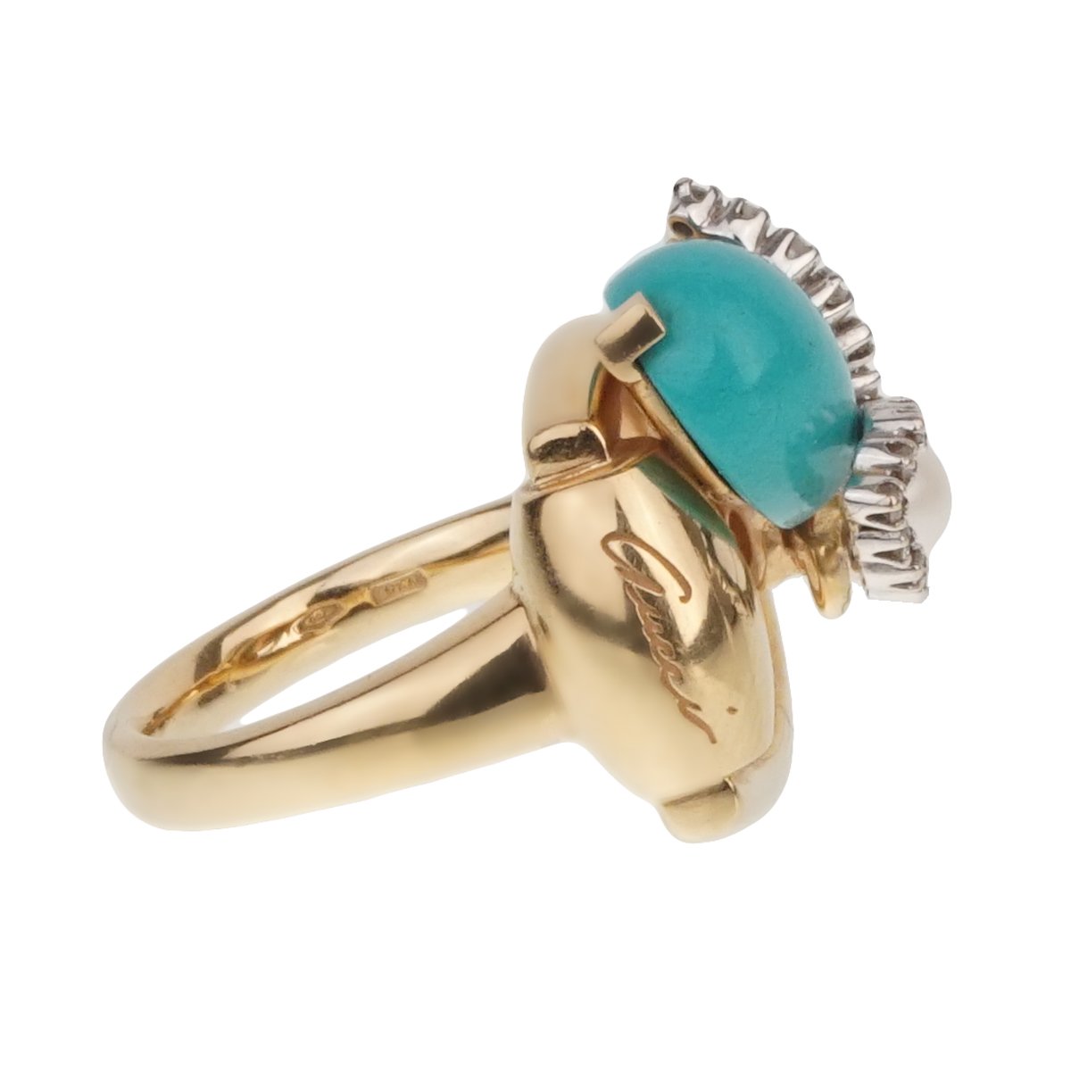 Guthtcci Diamond Horsebit Turquoise Pearl Yellow Gold Ring