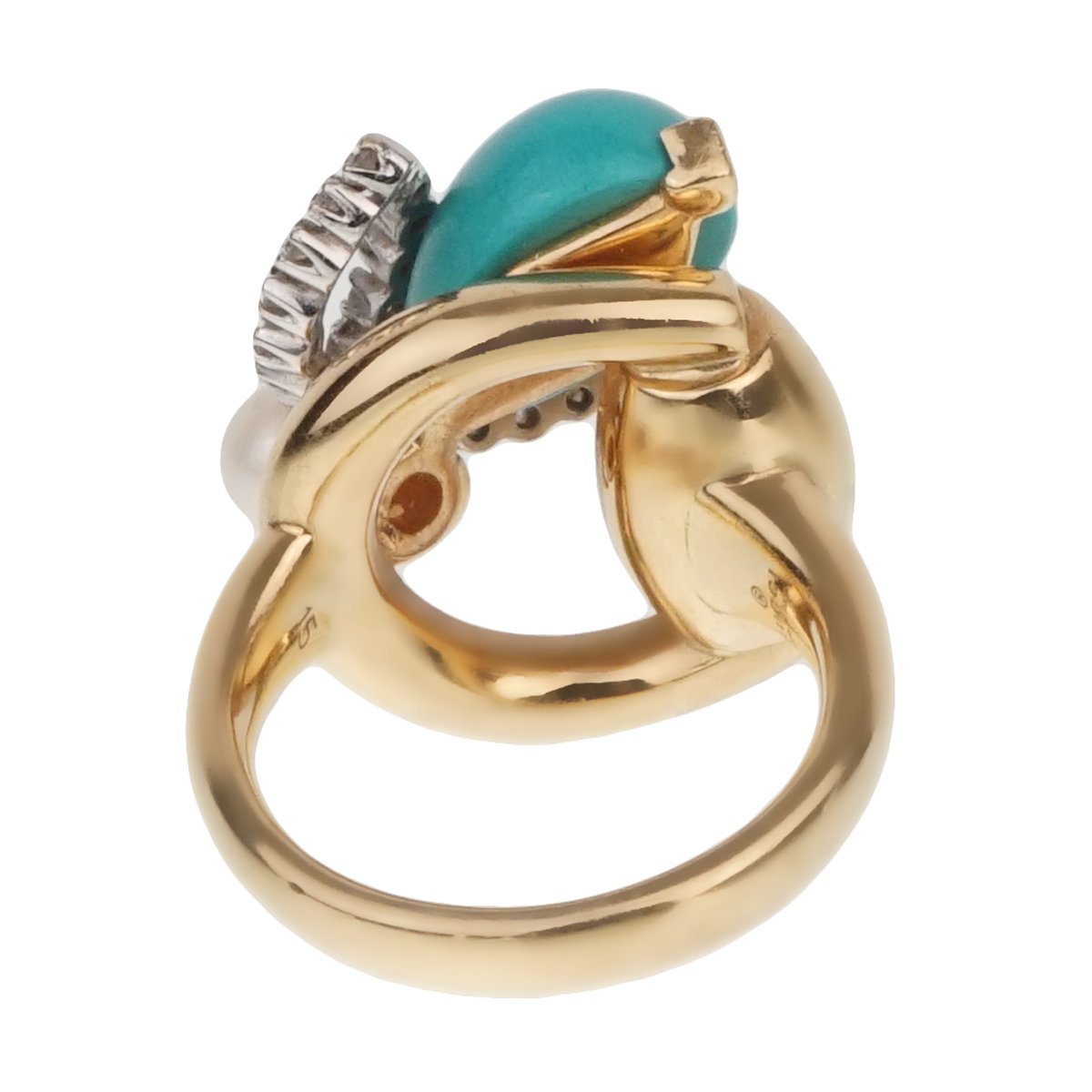 Guthtcci Diamond Horsebit Turquoise Pearl Yellow Gold Ring