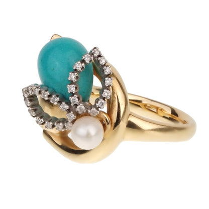 Guthtcci Diamond Horsebit Turquoise Pearl Yellow Gold Ring