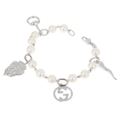 Guthtcci GG Diamond 18k White Gold Pearl Charm Bracelet