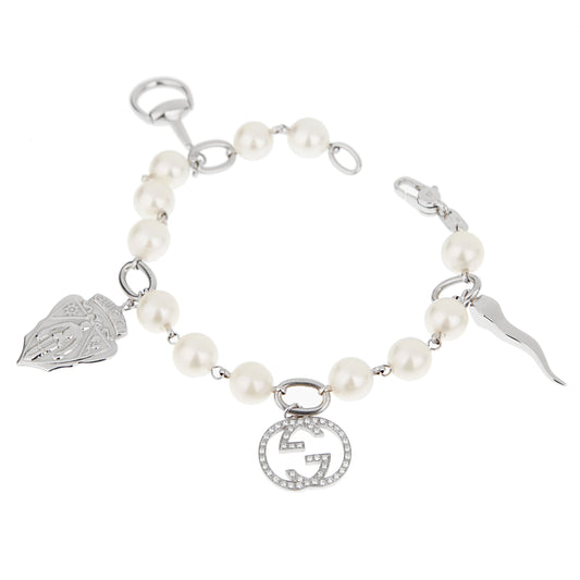Guthtcci GG Diamond 18k White Gold Pearl Charm Bracelet