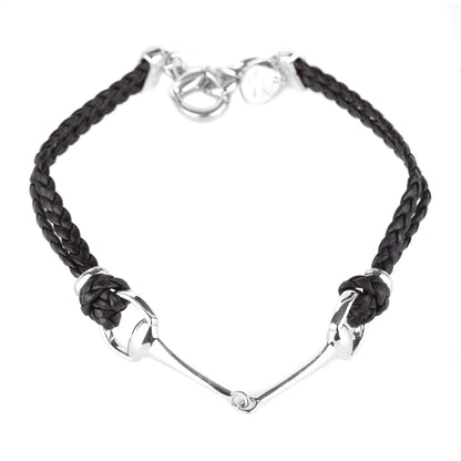 Guthtcci Leather Braided Horsebit Silver Bracelet