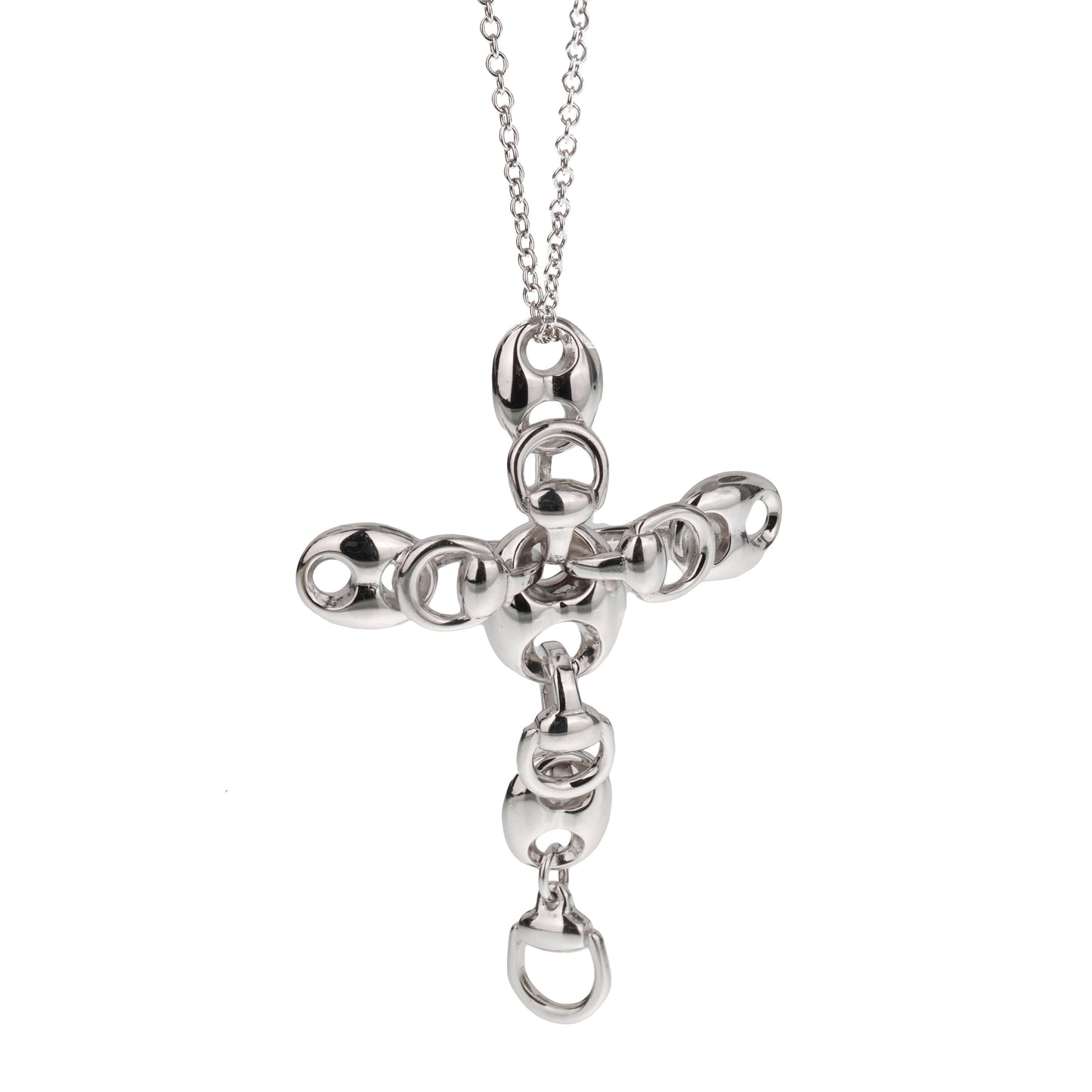 Guthtcci Vintage 18k White Gold Cross Marine Link Pendant Necklace