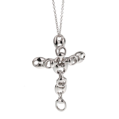 Guthtcci Vintage 18k White Gold Cross Marine Link Pendant Necklace