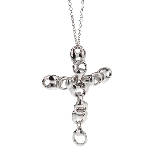 Guthtcci Vintage 18k White Gold Cross Marine Link Pendant Necklace