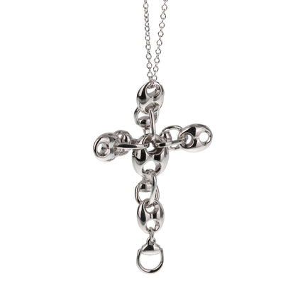 Guthtcci Vintage 18k White Gold Cross Marine Link Pendant Necklace