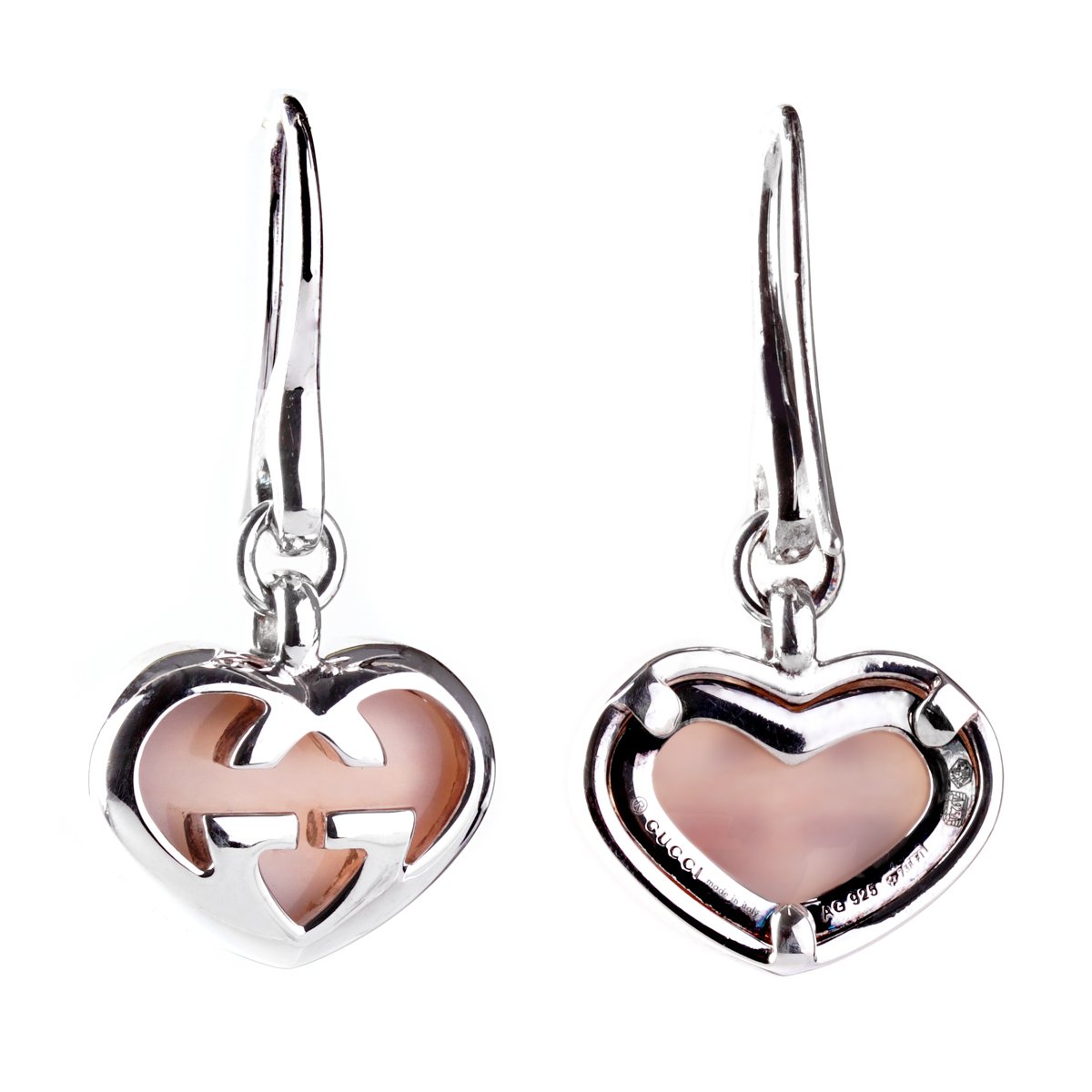 Guthtcci Pink Opal Double G Silver Heart Earrings