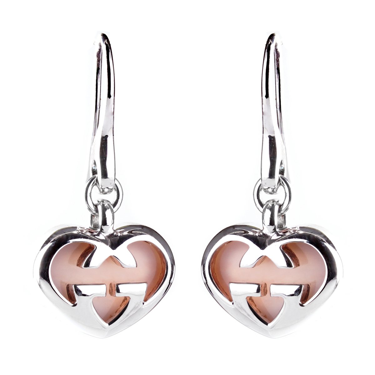 Guthtcci Pink Opal Double G Silver Heart Earrings