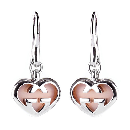 Guthtcci Pink Opal Double G Silver Heart Earrings