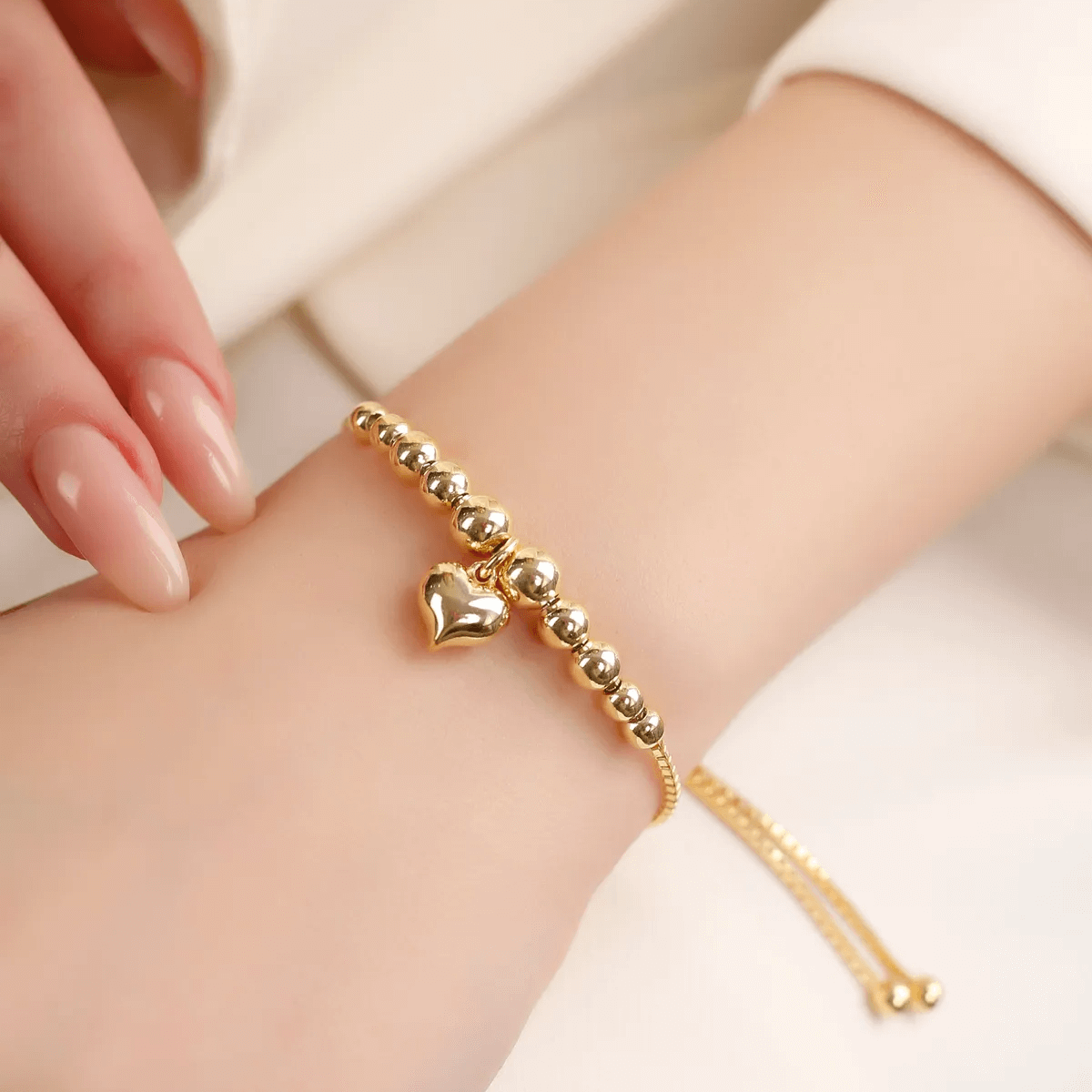 Heart Charm Slider Ball Bracelet with Box Chain