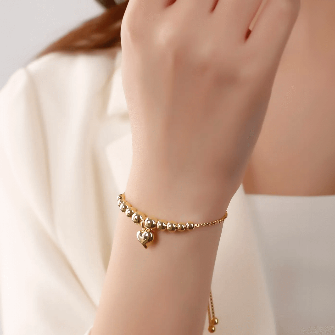 Heart Charm Slider Ball Bracelet with Box Chain