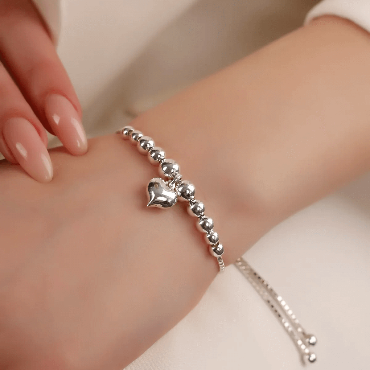 Heart Charm Slider Ball Bracelet with Box Chain