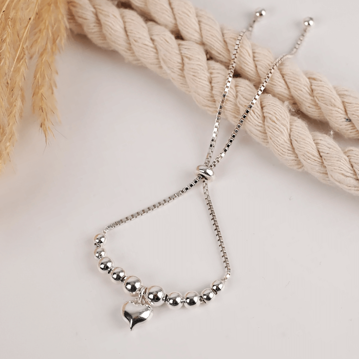 Heart Charm Slider Ball Bracelet with Box Chain