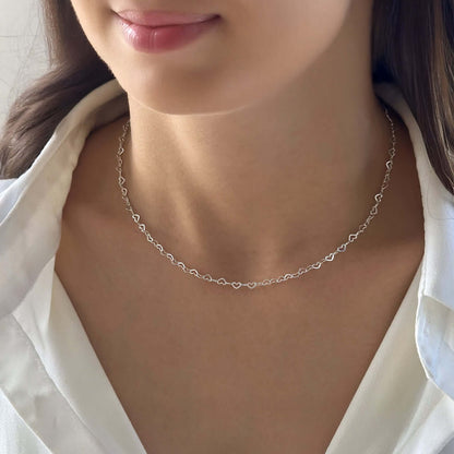 Heart Links Choker 925 Sterling Silver Chain Necklace