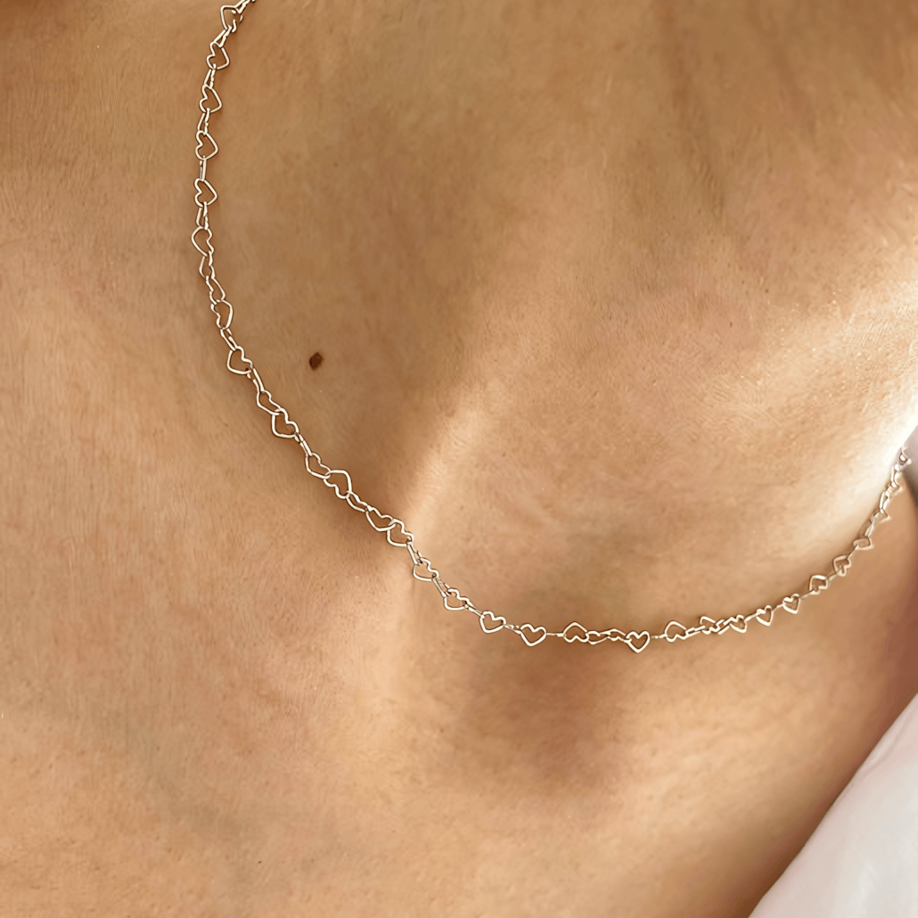 Heart Links Choker 925 Sterling Silver Chain Necklace