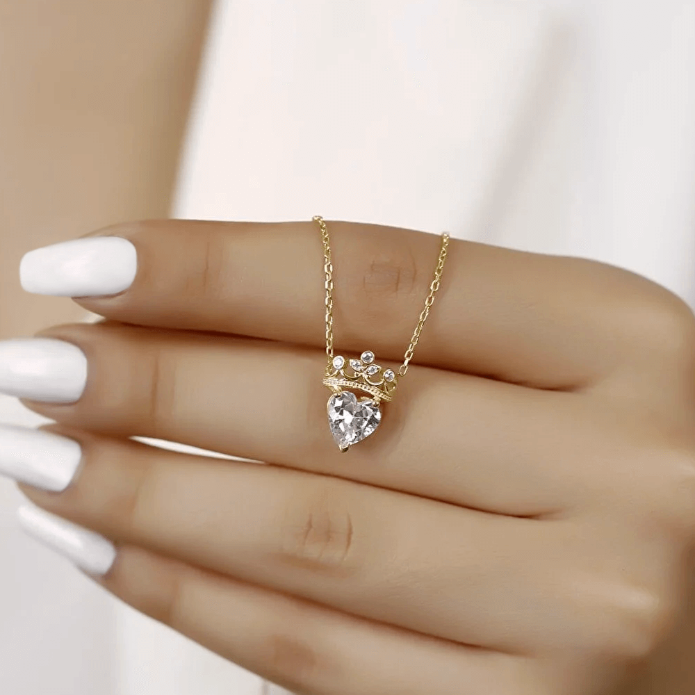 Gemstone Heart Queen Crown 925 Silver Necklace