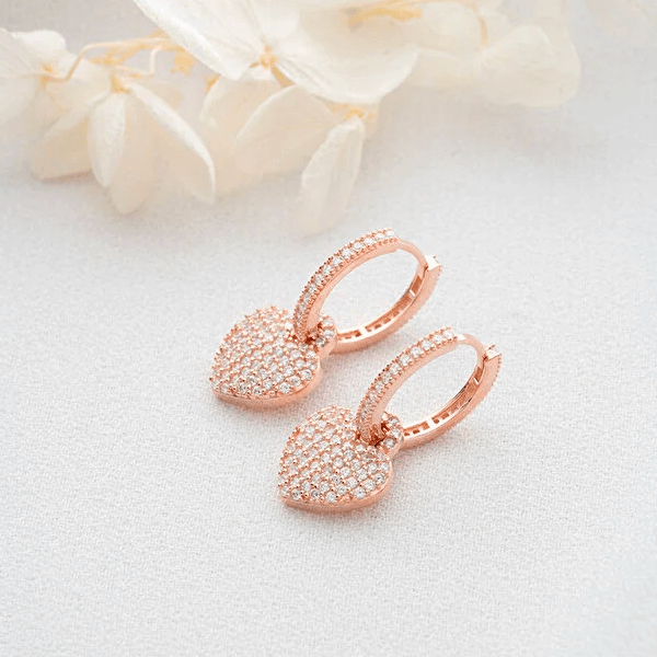 Dangle Heart Earrings 925 Sterling Silver CZ Cluster Huggies