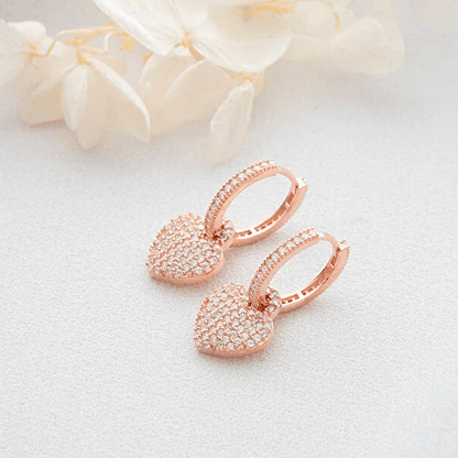 Dangle Heart Earrings 925 Sterling Silver CZ Cluster Huggies