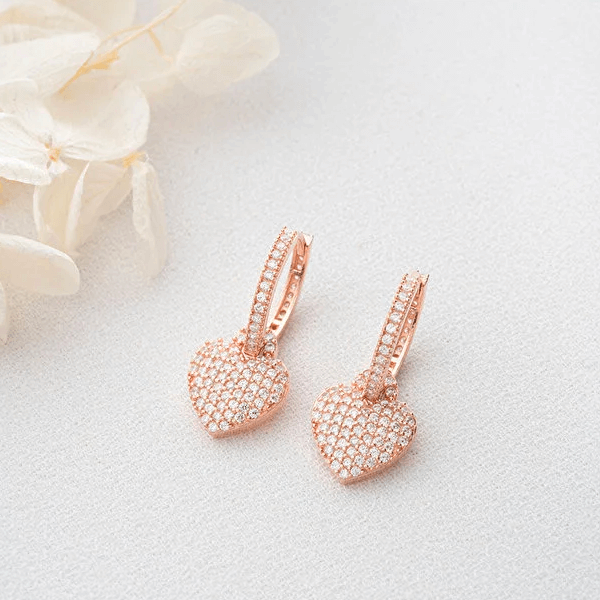 Dangle Heart Earrings 925 Sterling Silver CZ Cluster Huggies