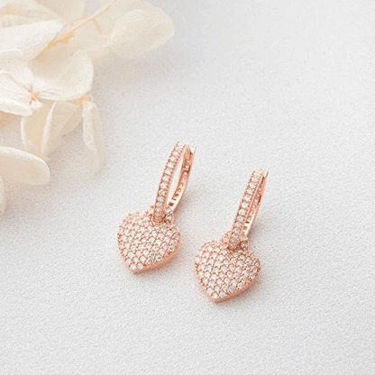 Dangle Heart Earrings 925 Sterling Silver CZ Cluster Huggies