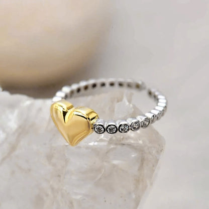 Mixed Metal Gold Heart Ring Silver Band with Zirconia