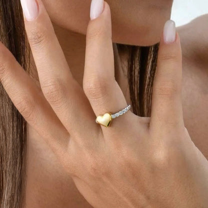 Mixed Metal Gold Heart Ring Silver Band with Zirconia