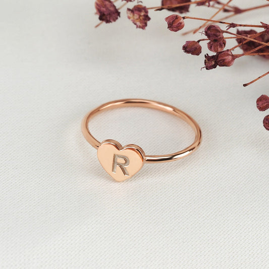Rose Gold Initial Ring Engraved Dainty Heart Band
