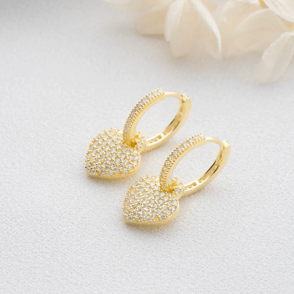 Dangle Heart Earrings 925 Sterling Silver CZ Cluster Huggies