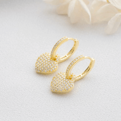 Dangle Heart Earrings 925 Sterling Silver CZ Cluster Huggies
