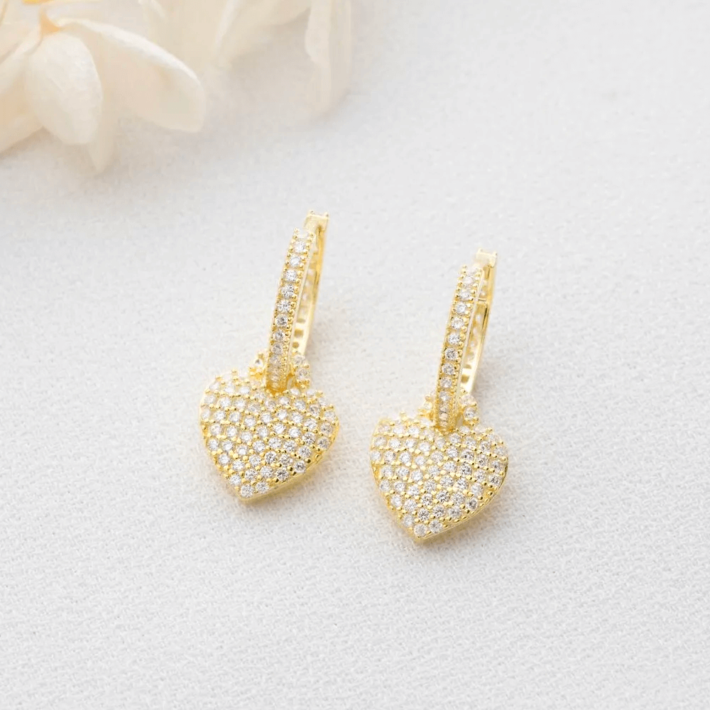 Dangle Heart Earrings 925 Sterling Silver CZ Cluster Huggies