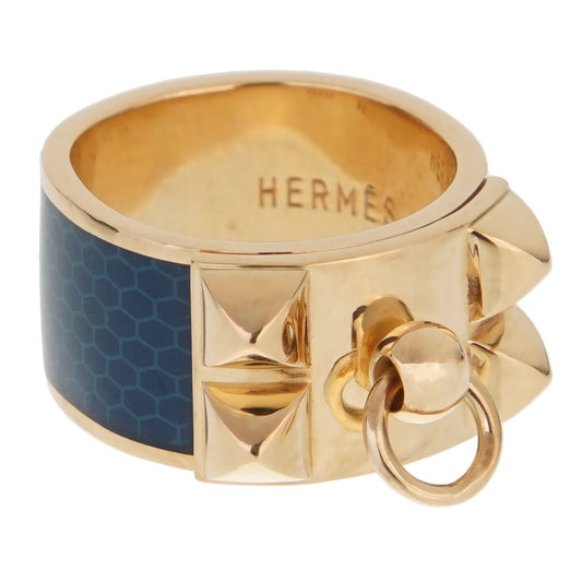 Herthtmes Collier De Chien 18k Yellow Gold Blue Enamel Ring Sz 5