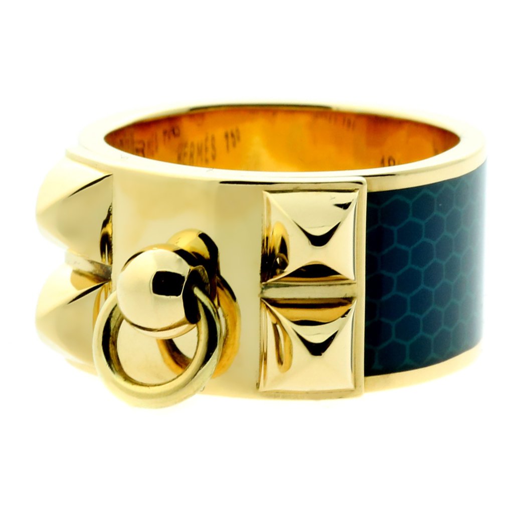 Herthtmes Collier De Chien Blue Enamel 18k Yellow Gold Ring Sz 6