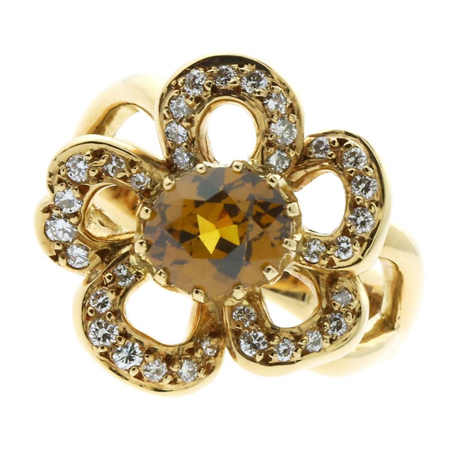Herthtmes Diamond Citrine Flower Gold Ring