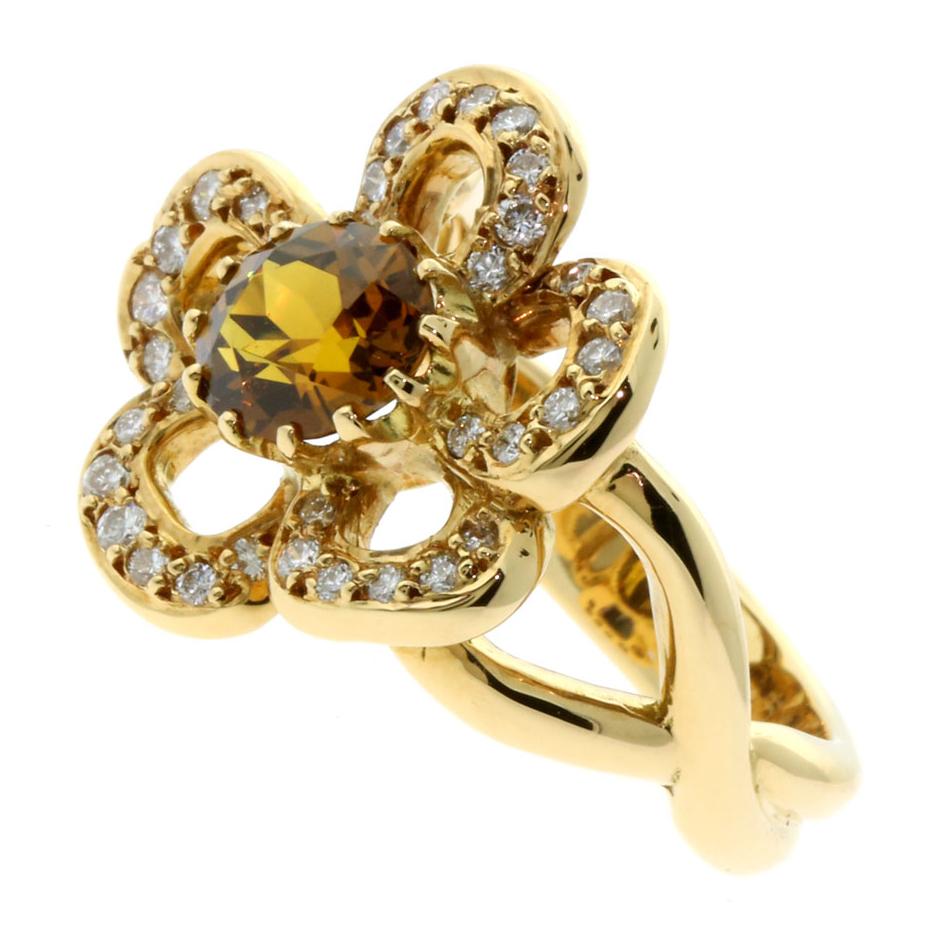 Herthtmes Diamond Citrine Flower Gold Ring