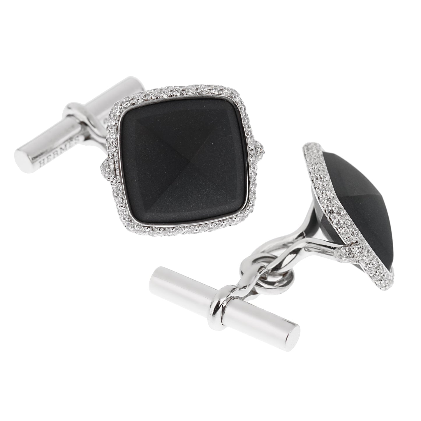 Herthtmes Diamond Onyx 18k White Gold Cufflinks