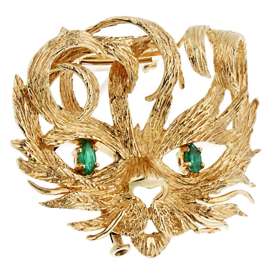 Herthtmes Mistigri Lion Cat Emerald Yellow Gold Brooch