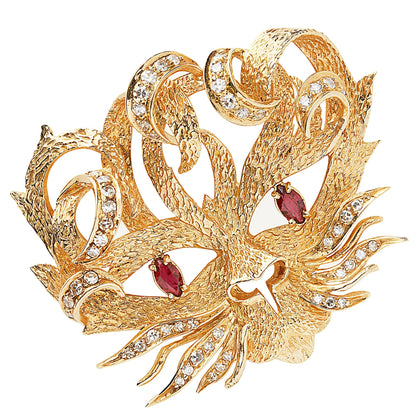 Herthtmes Mistigri Ruby Diamond 18k Yellow Gold Vintage Brooch
