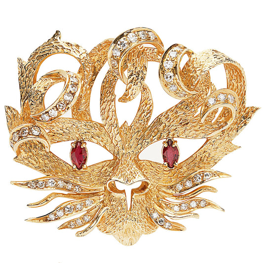 Herthtmes Mistigri Ruby Diamond 18k Yellow Gold Vintage Brooch