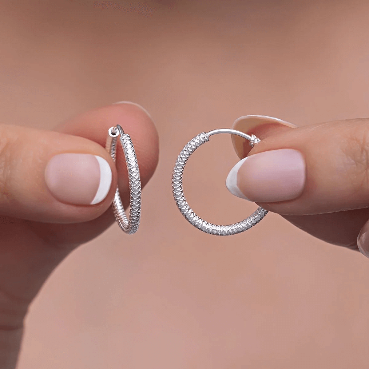 Textured Endless Hoop Earrings 925 Silver Jewelry