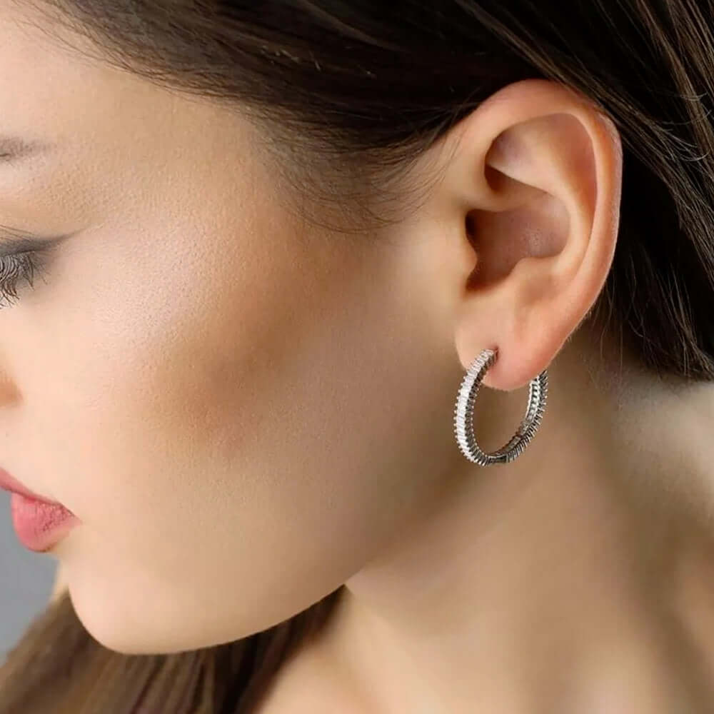 Baguette Stones Hoop Earrings Sterling Silver Chic Jewelry