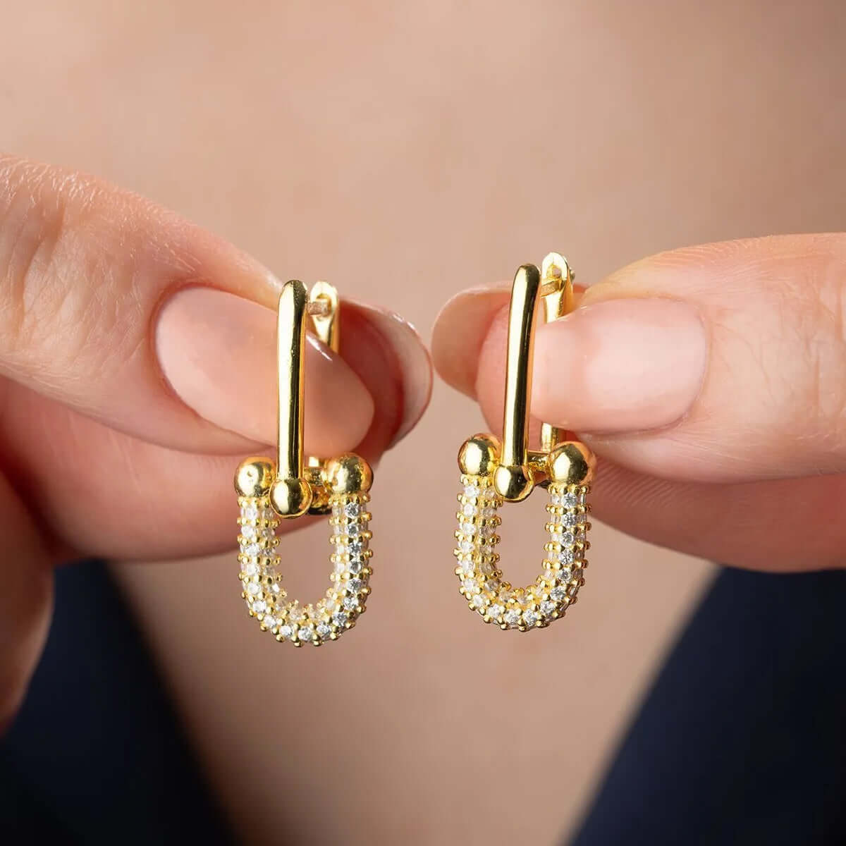 Gold-Plated Ball U Shape Chain Link Dangle Earrings