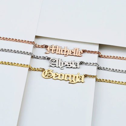 925 Silver Name Necklace Gothic Font Cuban Chain