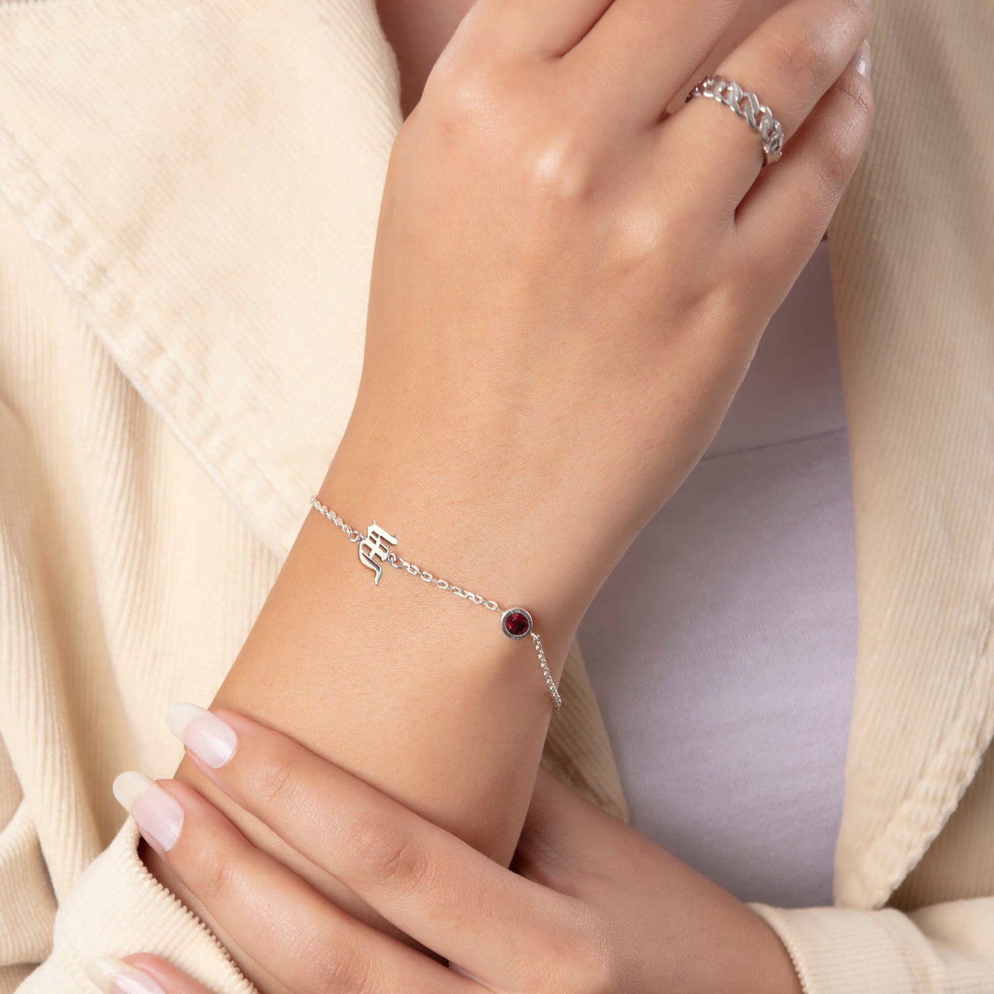 Old English Initial on Chain Silver Birthstone Bracelet