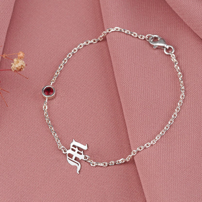 Old English Initial on Chain Silver Birthstone Bracelet