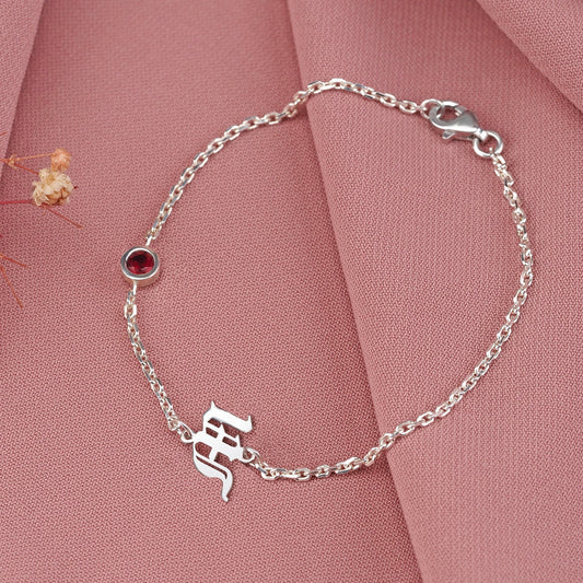 Old English Initial on Chain Silver Birthstone Bracelet