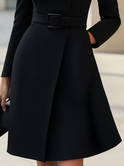 Black High-Neck Asymmetric Belted A-Line Dress