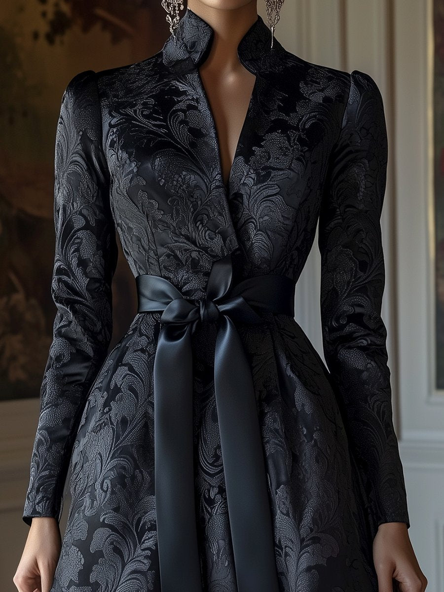 Black Satin Jacquard Dress with Elegant Floral Design and Belted Waist